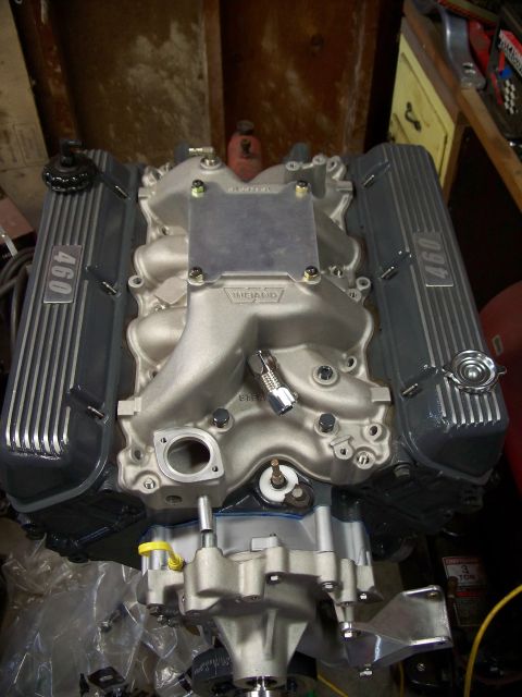 1971 Ford Ranchero - Engine assembly 460 valve covers and an Edelbrock intake manifold, likely a Ford big-block V8.