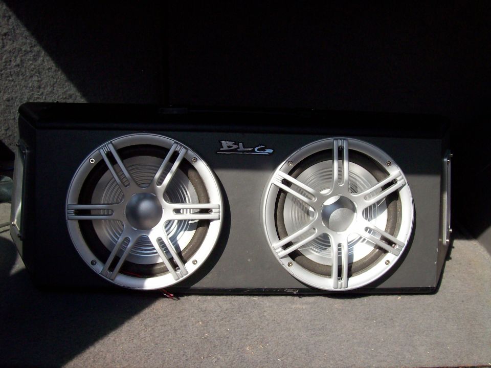 Dual subwoofer enclosure with silver-trimmed woofers labeled BLG