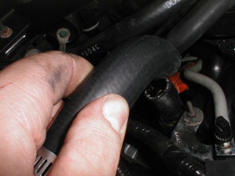 1997 Ford Crown Victoria - Close-up of engine bay components, focusing on a hand manipulating a hose.