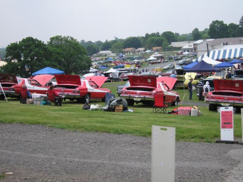 1991 Ford LTD Crown Victoria - row of red-and-white striped classic muscle cars with open hoods sit on grass at an outdoor car show with tents and a sandwich sign.