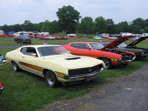 1991 Ford LTD Crown Victoria - pale yellow Ford Torino with a side stripe parked beside an orange muscle car and other classics on grass at an outdoor car show.