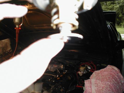 1997 Ford Crown Victoria - A person is holding a car part over the engine bay, with a pink cloth visible to the side.