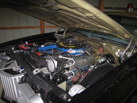 1991 Ford LTD Crown Victoria - Detailed classic-car engine bay under a raised hood showing a chrome air cleaner, blue components and braided lines.