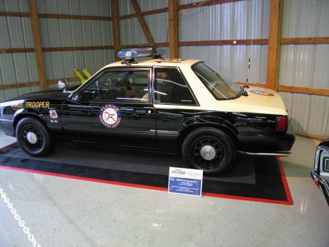 1991 Ford LTD Crown Victoria - Profile of a black-and-tan Florida Highway Patrol Ford Mustang 5.0 with roof lightbar and door star emblem on display.