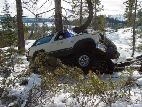 1986 Ford Bronco - White Ford Bronco navigates a snowy, wooded trail with its tires deep in snow and mud.