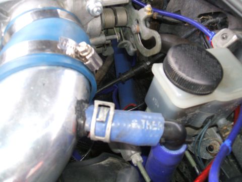 1997 Ford Probe - Engine bay detail showing hoses, clamps, and a fluid reservoir with partial text visible.