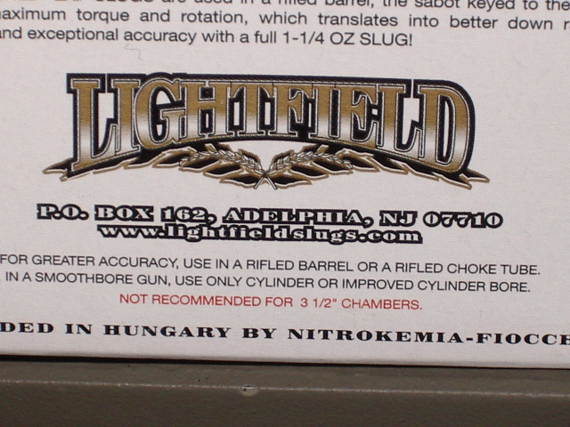 Lightfield 1-1/4 oz rifled slug box label, made in Hungary by Nitrokemia-Fiocchi