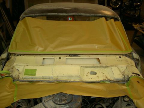 1967 Ford Ranchero - This vehicle is being prepped for paint, with masking paper covering the windshield area.