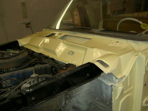 1967 Ford Ranchero - Firewall and engine bay of a 1967 Ford Ranchero, prepped for paint.