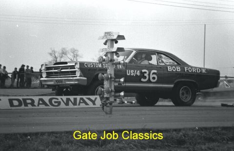1967 Ford Fairlane - A 1966 Ford Fairlane competes in a drag race, identified by its grille and side profile.