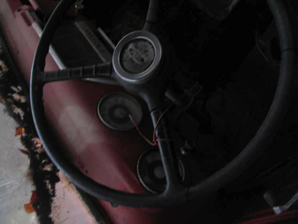 1952 Ford Pickup interior with steering wheel and gauges