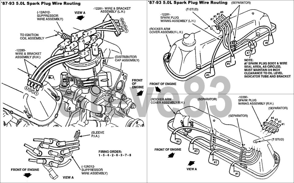 5.0L spark plug wire routing diagrams for 1987-93 with firing order 1-5-4-2-6-3-7-8