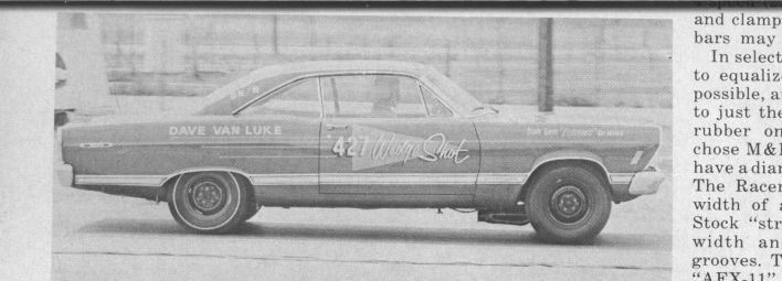 Vintage side view of a drag racing coupe lettered 'Dave Van Luke' and '427'.