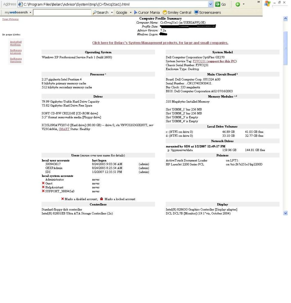 Belarc Advisor PC system summary screenshot for a Dell OptiPlex GX270 in Windows XP