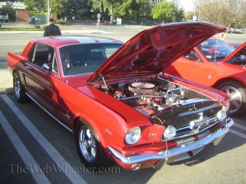 1985 Ford Mustang - A red 1965 Ford Mustang coupe is displayed with its hood open, revealing the engine, at a car show.