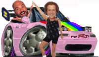 1997 Ford Crown Victoria - A digitally altered image shows a pink car with two faces superimposed, a rainbow decal and custom text.