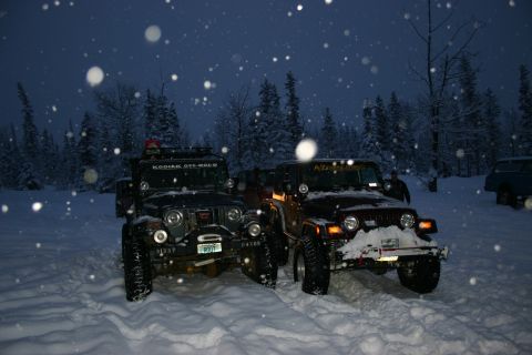 2003 Jeep TJ - Two Jeep TJs parked in a snowy landscape during snowfall.