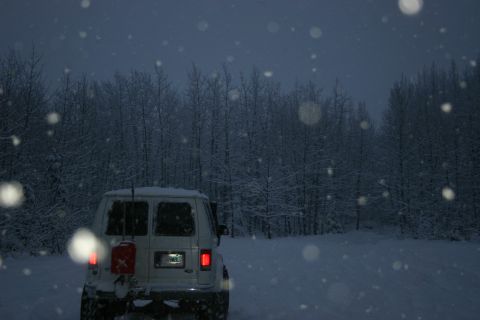 2003 Jeep TJ - A white van is parked in a snowy forest during a snowfall, with a red jerry can attached to its rear.