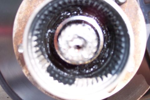 1996 Ford Bronco - A close-up view of a manual hub assembly, showing its internal splines and grease.