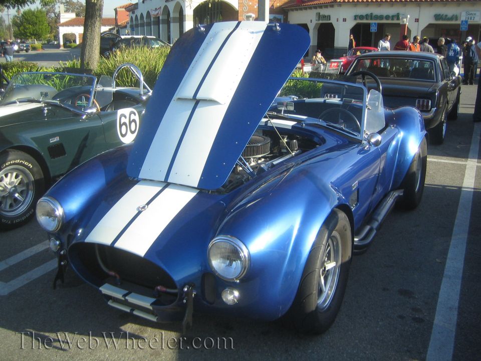 Blue AC Cobra with hood open, white stripes on hood and body. Green Cobra with number 66 on door visible to the left. Black car behind
