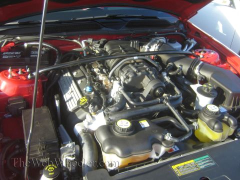 1985 Ford Mustang - The engine bay of a red Ford Mustang shows a supercharger and other components.