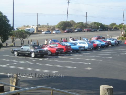 1985 Ford Mustang - A line of classic cars are parked at a show, with a black convertible in the foreground.