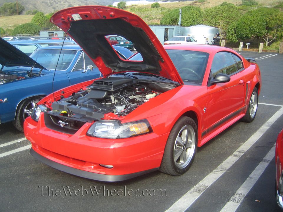Red Ford Mustang Cobra with hood open, showing engine. Another blue car is parked next to it