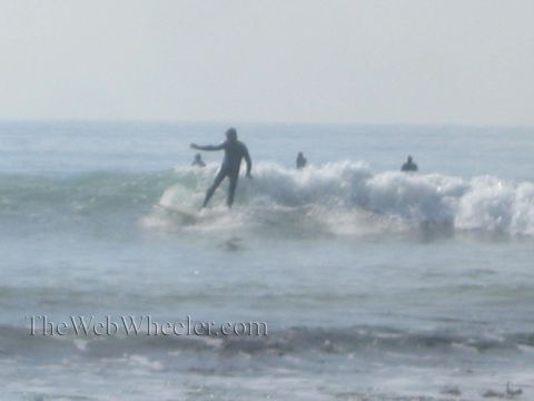 1985 Ford Mustang - Several surfers enjoy the ocean waves on a hazy day.