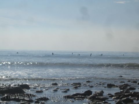 1985 Ford Mustang - Surfers ride waves in the ocean on a hazy day, with rocks visible along the shore.