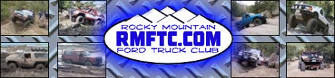 1990 Ford Bronco - A tan 1990 Ford Bronco navigates a muddy off-road course, part of a collage of vehicles from the Rocky Mountain Ford Truck Club.
