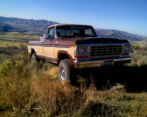 1979 Ford F-150 - This 1979 Ford F-150 pickup truck is shown in a three-quarter front view, parked outdoors with a mountainous landscape behind it.