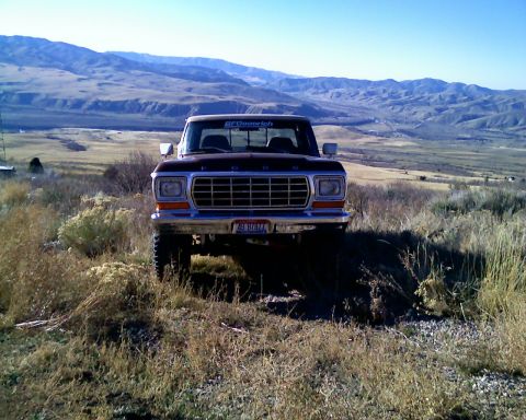 1979 Ford F-150 - Front view of a 1979 Ford F-150 pickup truck parked in a dry, grassy landscape.