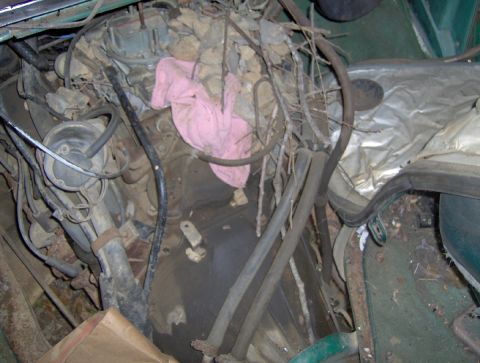 1978 Ford Bronco - The engine bay is filled with debris and a pink cloth, obscuring details.