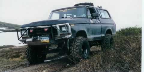 1978 Ford Bronco - A 1978 Ford Bronco is shown off-road with large tires and a custom front bumper.