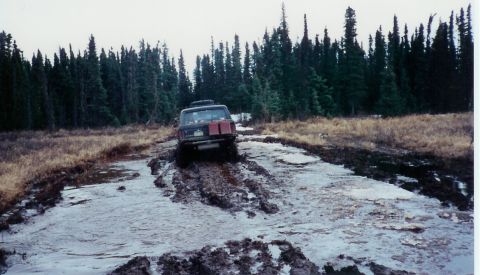 1978 Ford Bronco - 1978 Ford Bronco stuck in mud on a remote, wooded trail.