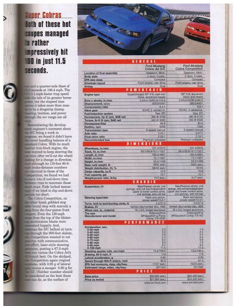 2003 Mercury Marauder - A magazine article compares two Ford Mustang Cobras, detailing their performance metrics and specifications.