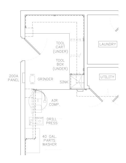 1965 Ford Mustang - This diagram outlines a workshop and utility area, detailing equipment like a drill press, air compressor, and parts washer.
