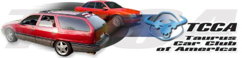 1993 Ford Taurus - The Taurus Car Club of America logo is visible next to two cars, a red wagon and an orange sedan.
