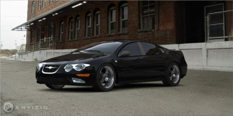 1999 Chrysler 300M - A black Chrysler 300M is shown from a three-quarter front angle in front of an industrial-style brick building.