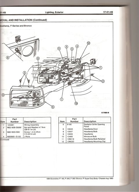 1994 Ford Bronco - Ford service-manual exploded parts view (sec 17-01-49) of F-Series/Econoline/Bronco headlamp assembly with part numbers and nut/screw torqu…