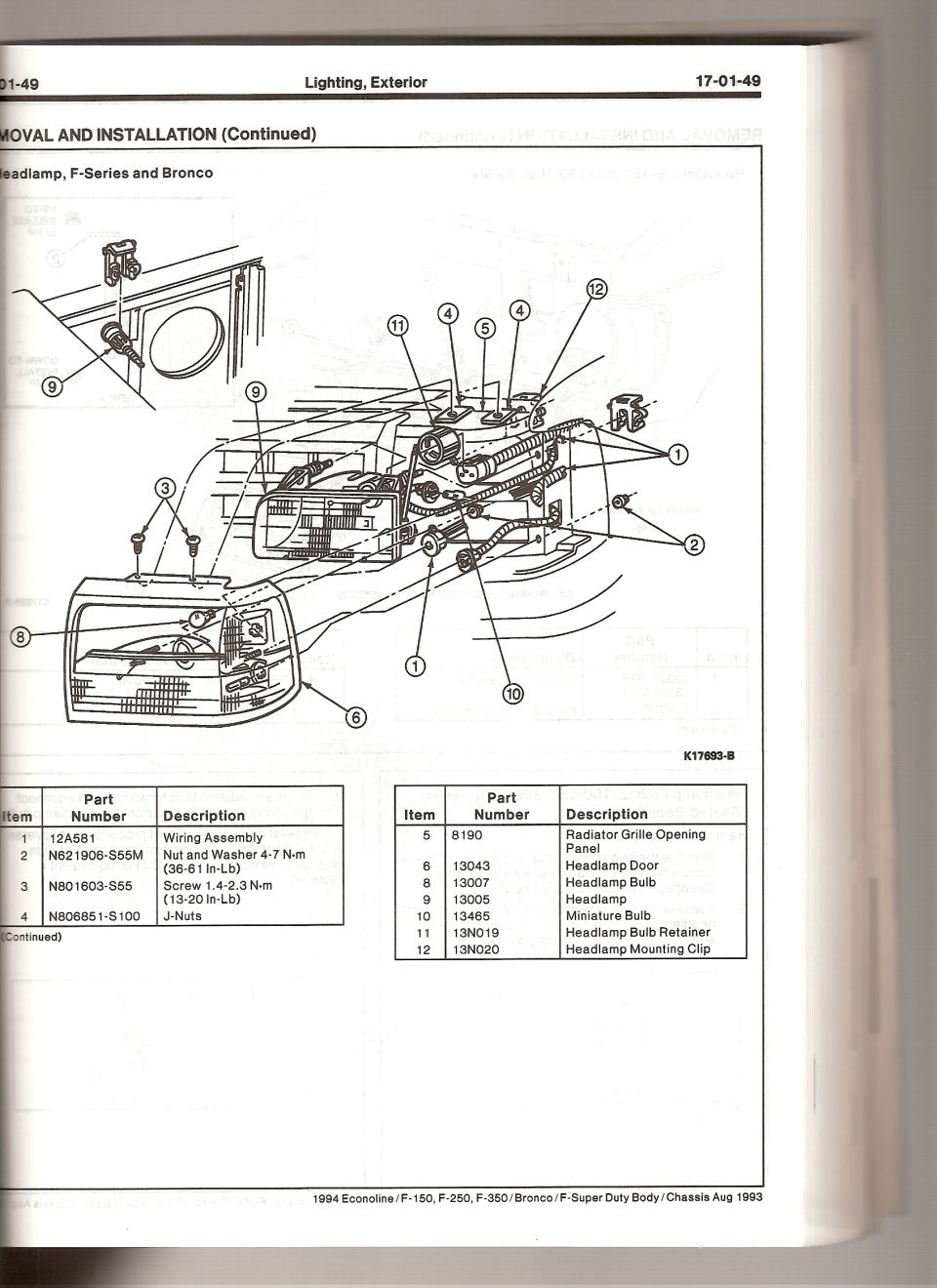 1994 Ford F-Series/Bronco headlamp exploded view, part numbers and fastener torques