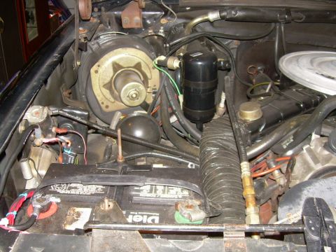 1984 Ford Bronco - Close-up view of the engine bay, showing the battery and various hoses and components.