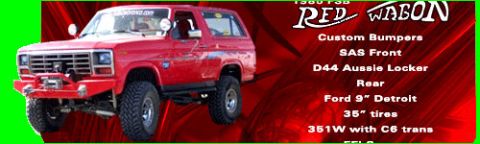 1989 Ford Bronco - This red Ford Bronco, identified as 'RED WAGON', features custom modifications and a lifted stance.