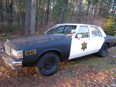 1991 Ford LTD Crown Victoria - A two-tone police car, black on the front and white on the rear, is parked in a wooded area. The word "SHERIFF" is visible on the front fen…