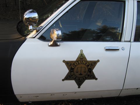 1991 Ford LTD Crown Victoria - A side view of a white police car door displaying a sheriff's star emblem.