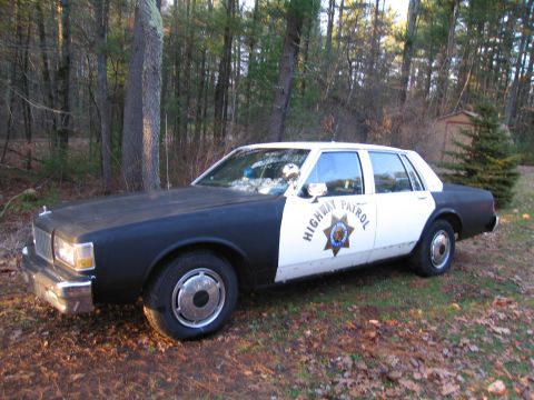 1991 Ford LTD Crown Victoria - A two-tone black and white police car is parked in a wooded area with "HIGHWAY PATROL" visible on the side door.