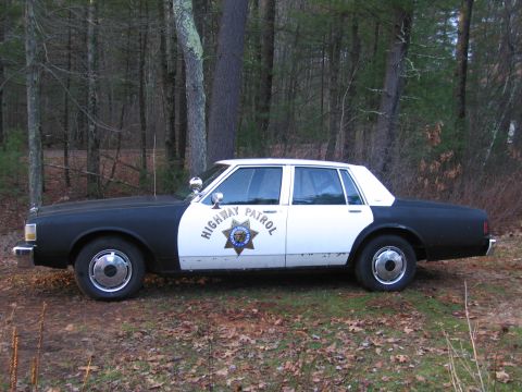 1991 Ford LTD Crown Victoria - This police car is parked on a dirt road surrounded by trees.