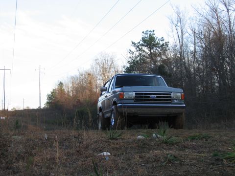 1989 Ford Bronco - 1989 Ford Bronco parked on a grassy incline with trees and power lines in the background.