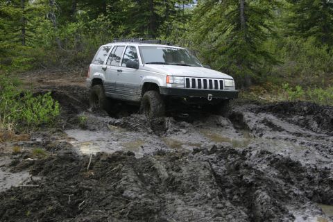 2003 Jeep TJ - Jeep Grand Cherokee stuck in mud on a wooded trail.