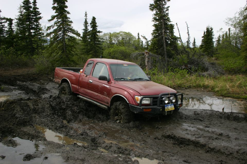 Red Toyota Tacoma stuck in deep mud on a wooded trail. Bull bar on front